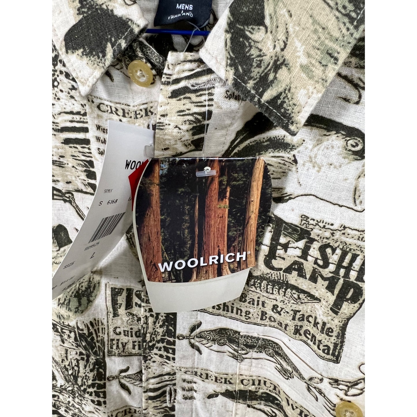 Men’s Woolrich Short Sleeve Shirt Fishing Print Beige Size L NWT NOS