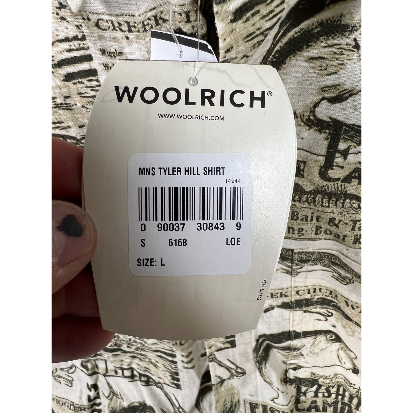 Men’s Woolrich Short Sleeve Shirt Fishing Print Beige Size L NWT NOS