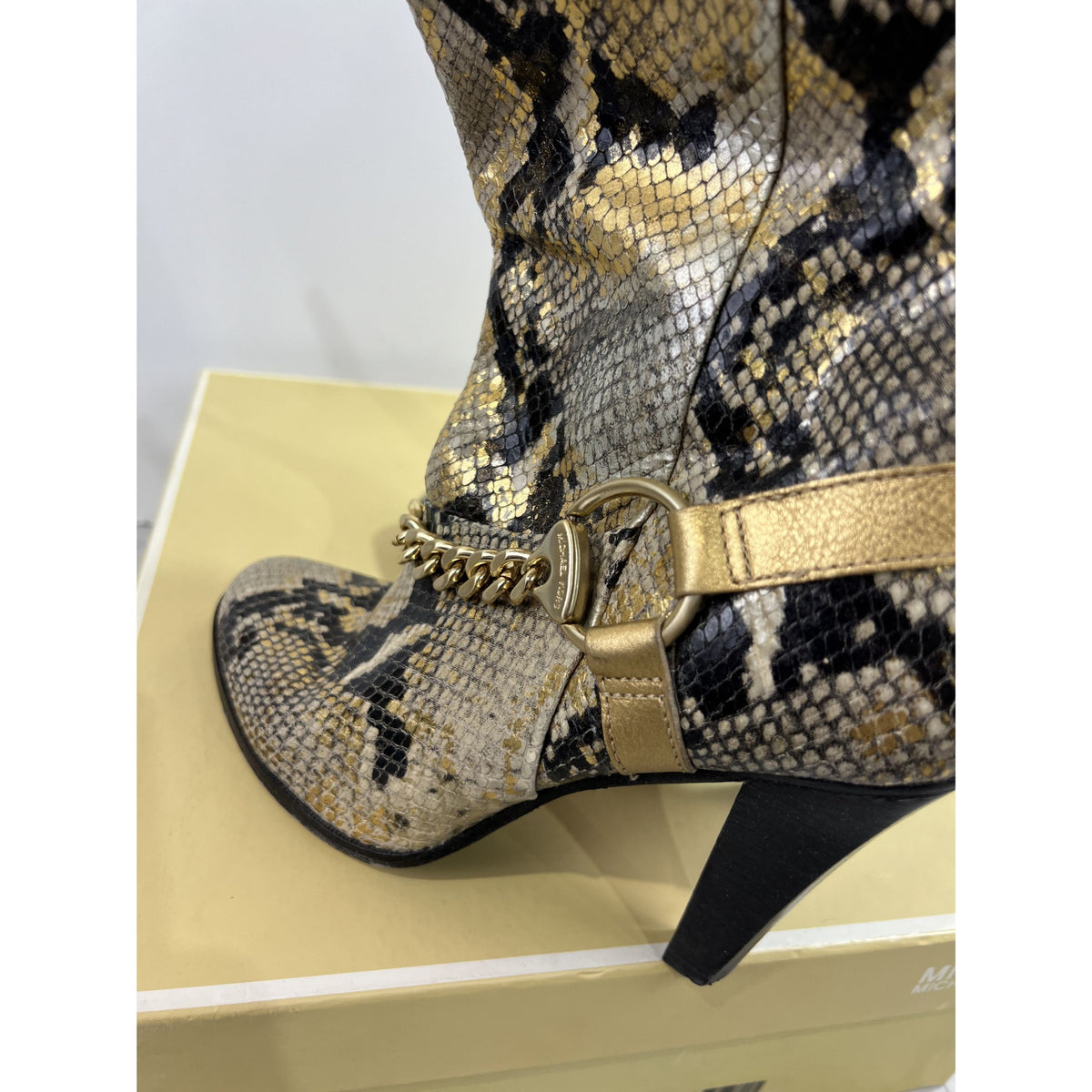 Michael Kors Gold Saratoga Boot Snake Skin Women's Sz. 8.5 Gold Chain Accent