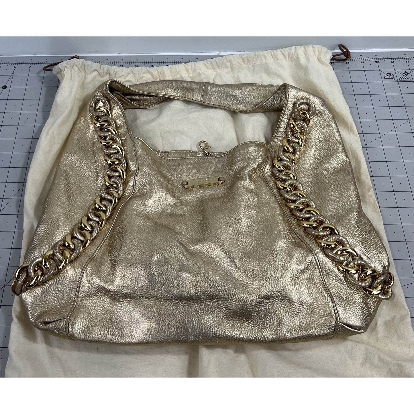 Michael Kors Gold Leather Shoulder Bag w/ Chain Accent & Canvas Storage Bag MK
