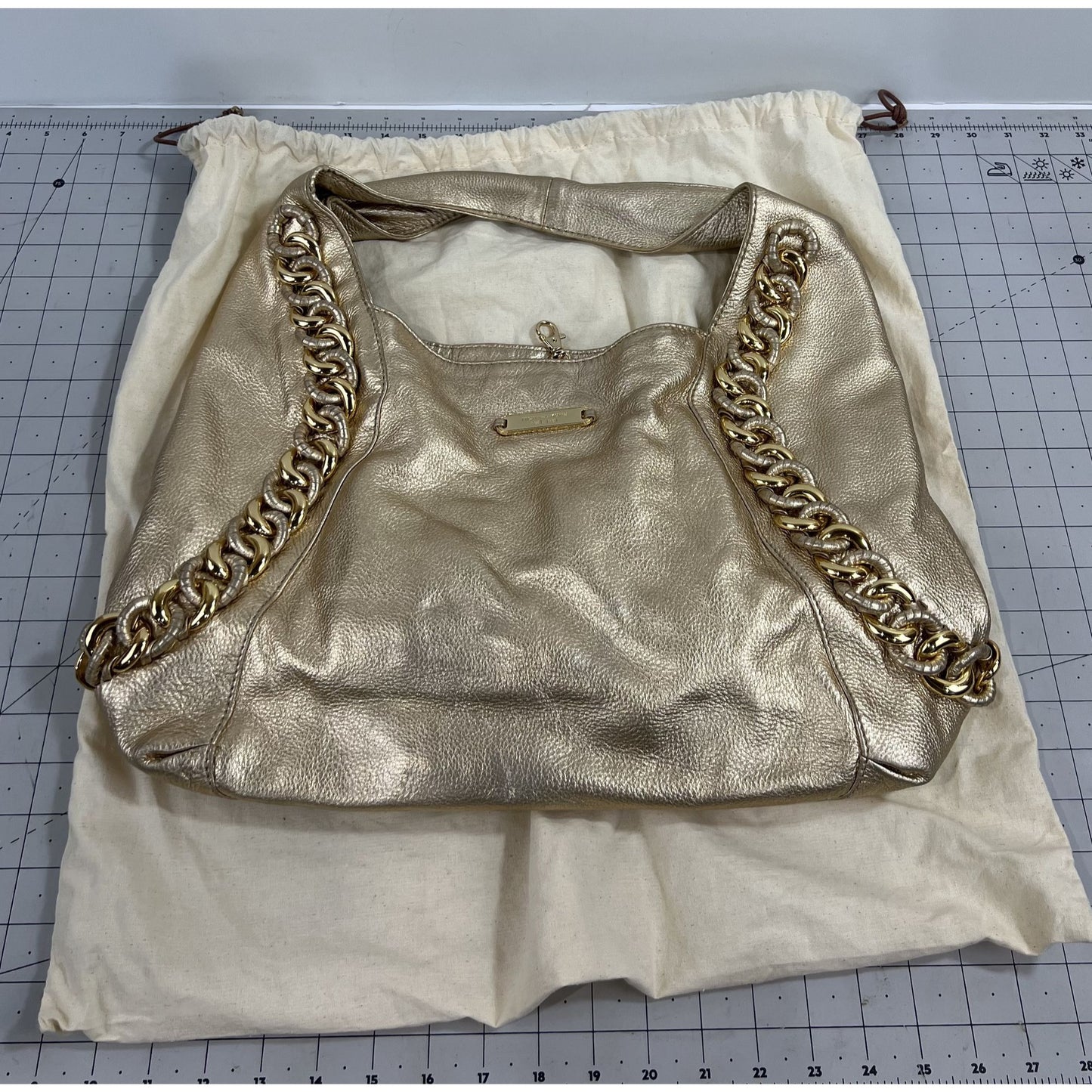 Michael Kors Gold Leather Shoulder Bag w/ Chain Accent & Canvas Storage Bag MK