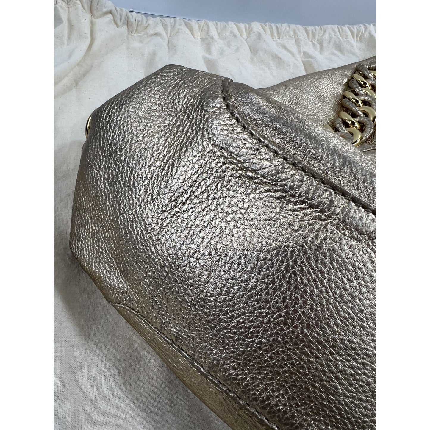 Michael Kors Gold Leather Shoulder Bag w/ Chain Accent & Canvas Storage Bag MK