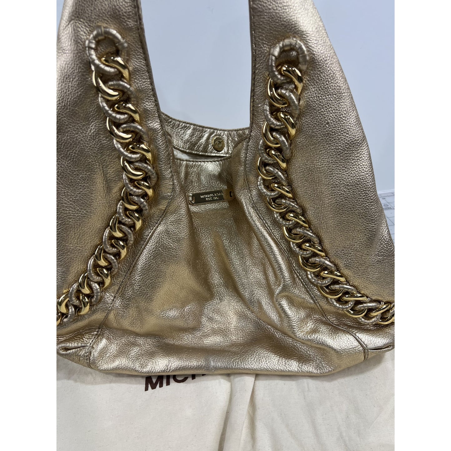 Michael Kors Gold Leather Shoulder Bag w/ Chain Accent & Canvas Storage Bag MK