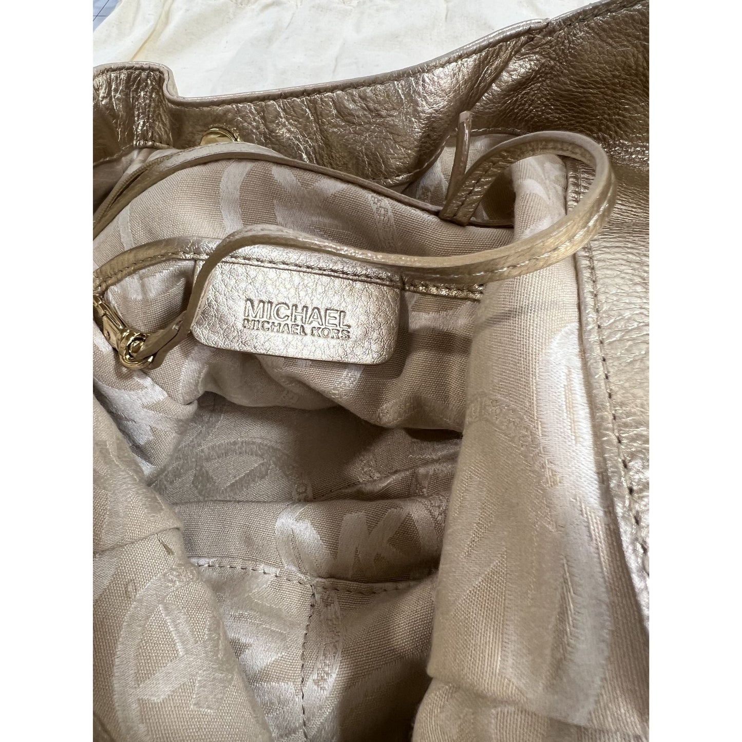 Michael Kors Gold Leather Shoulder Bag w/ Chain Accent & Canvas Storage Bag MK