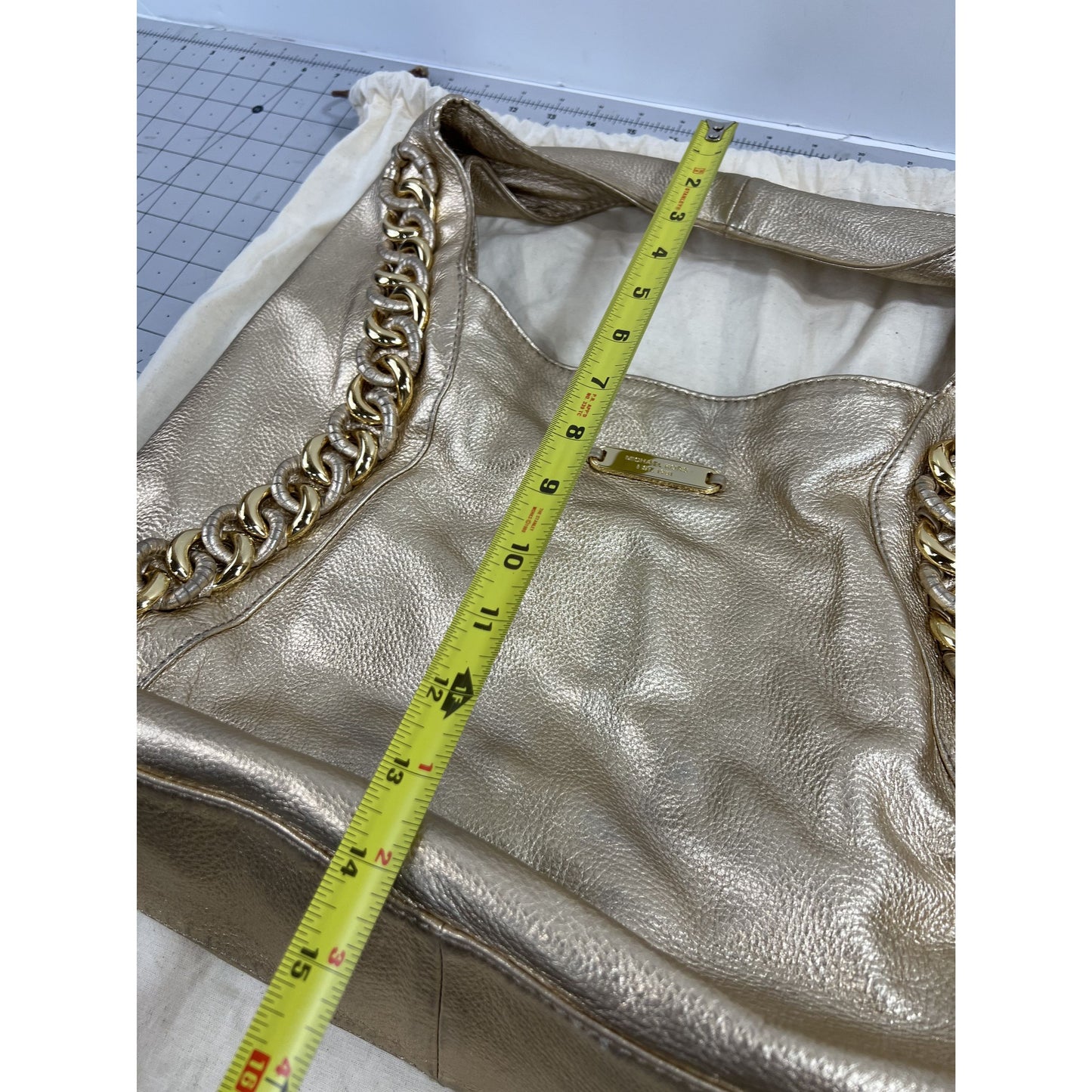 Michael Kors Gold Leather Shoulder Bag w/ Chain Accent & Canvas Storage Bag MK