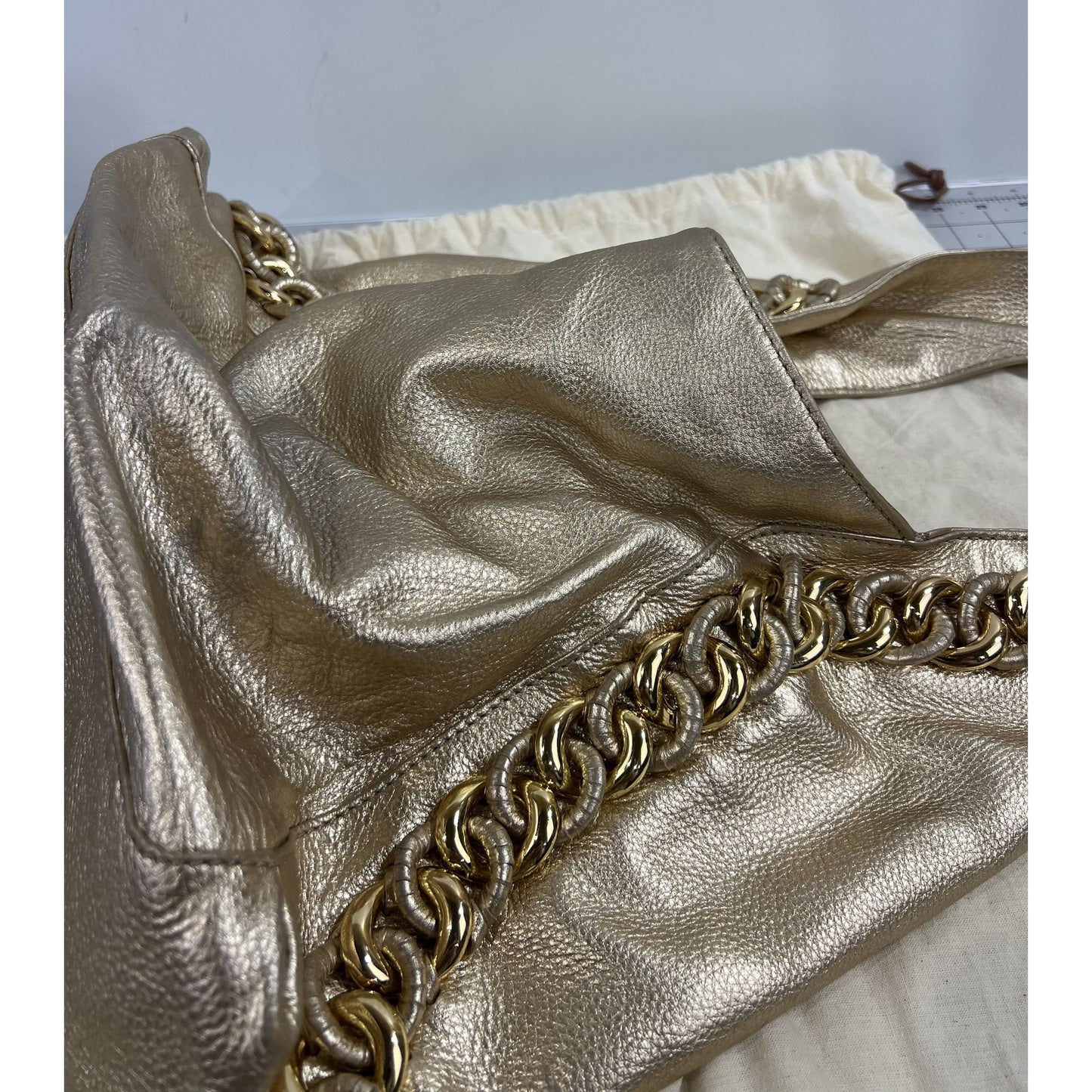 Michael Kors Gold Leather Shoulder Bag w/ Chain Accent & Canvas Storage Bag MK