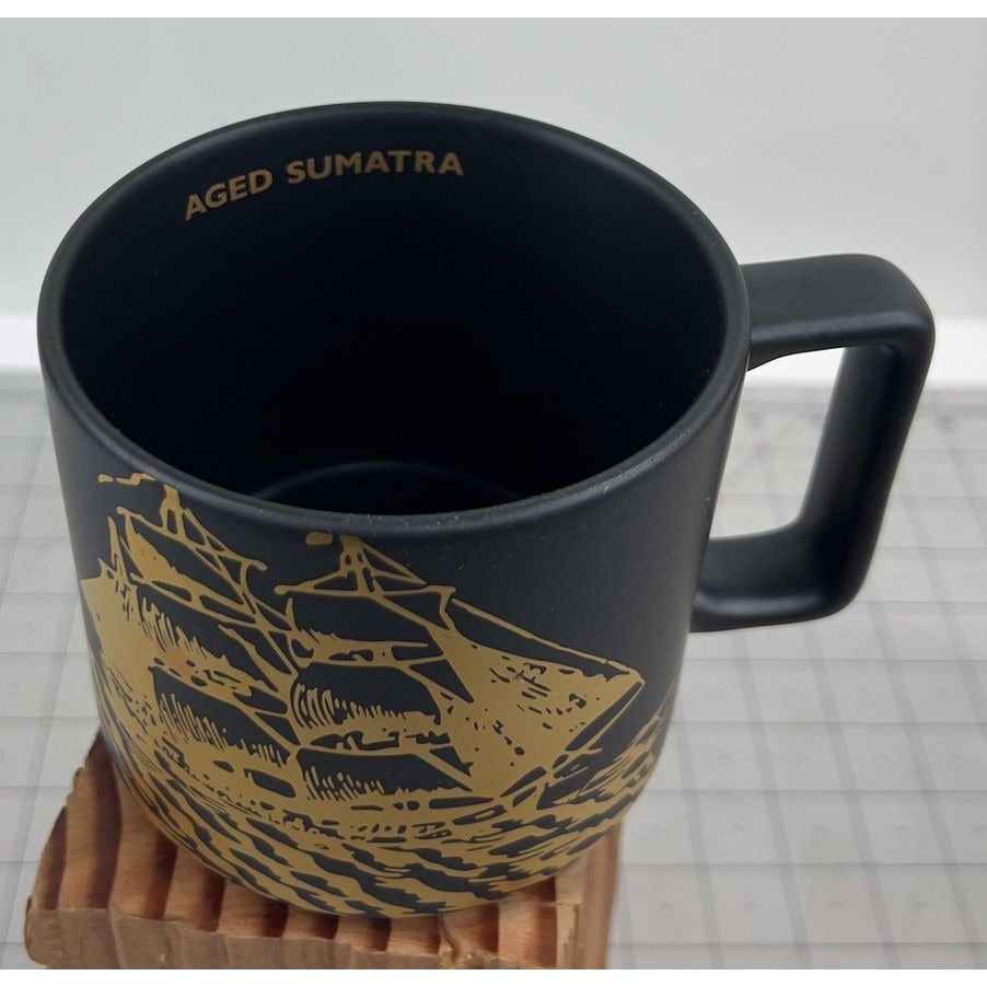 Vintage Starbucks Coffee Mug 14 Oz Aged Sumatra Black & Gold w/Sailing Ship
