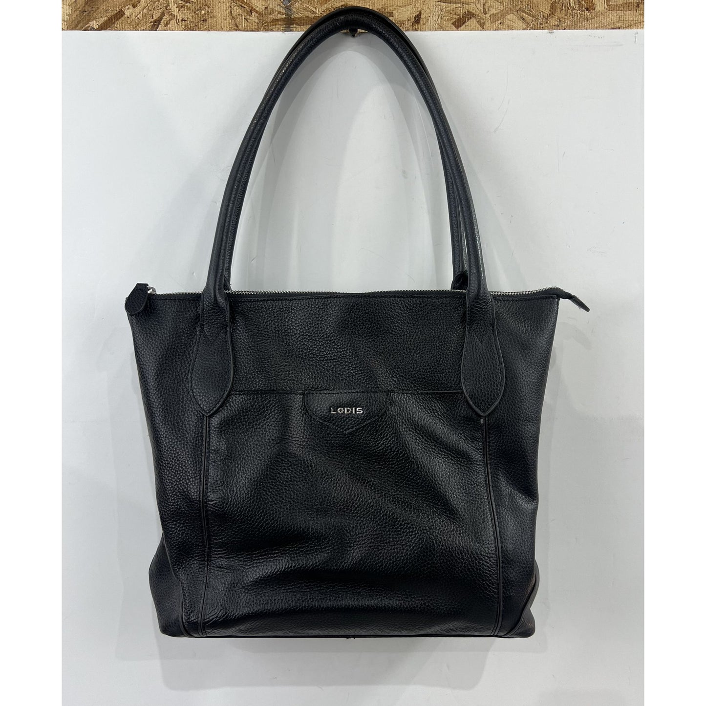 Lodis Black Pebbled Leather Tote Bag With Floral Lining And Zip Closure