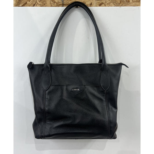 Lodis Black Pebbled Leather Tote Bag With Floral Lining And Zip Closure