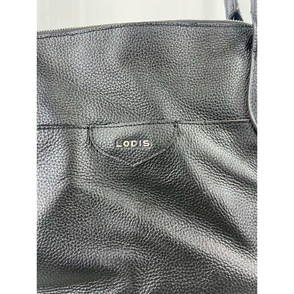 Lodis Black Pebbled Leather Tote Bag With Floral Lining And Zip Closure