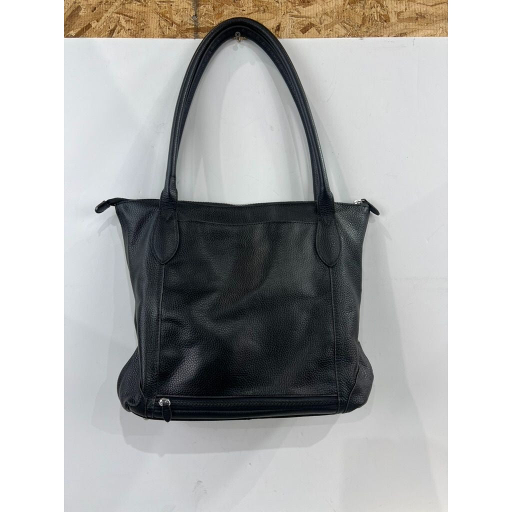 Lodis Black Pebbled Leather Tote Bag With Floral Lining And Zip Closure
