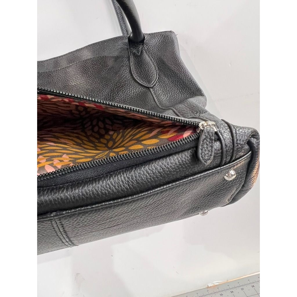 Lodis Black Pebbled Leather Tote Bag With Floral Lining And Zip Closure