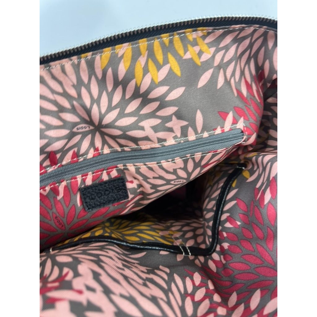 Lodis Black Pebbled Leather Tote Bag With Floral Lining And Zip Closure