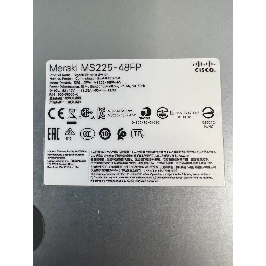Cisco Meraki MS225-48FP-HW 48-Port Gigabit Ethernet Switch Working Condition