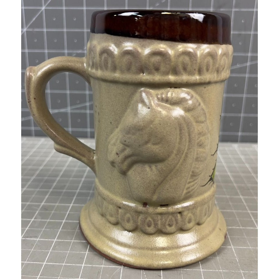 Vintage Ceramic Stein Horse Relief Mexican Art 5.5" Tall Red Clay Collectible