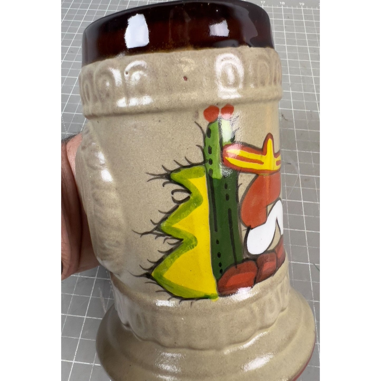 Vintage Ceramic Stein Horse Relief Mexican Art 5.5" Tall Red Clay Collectible