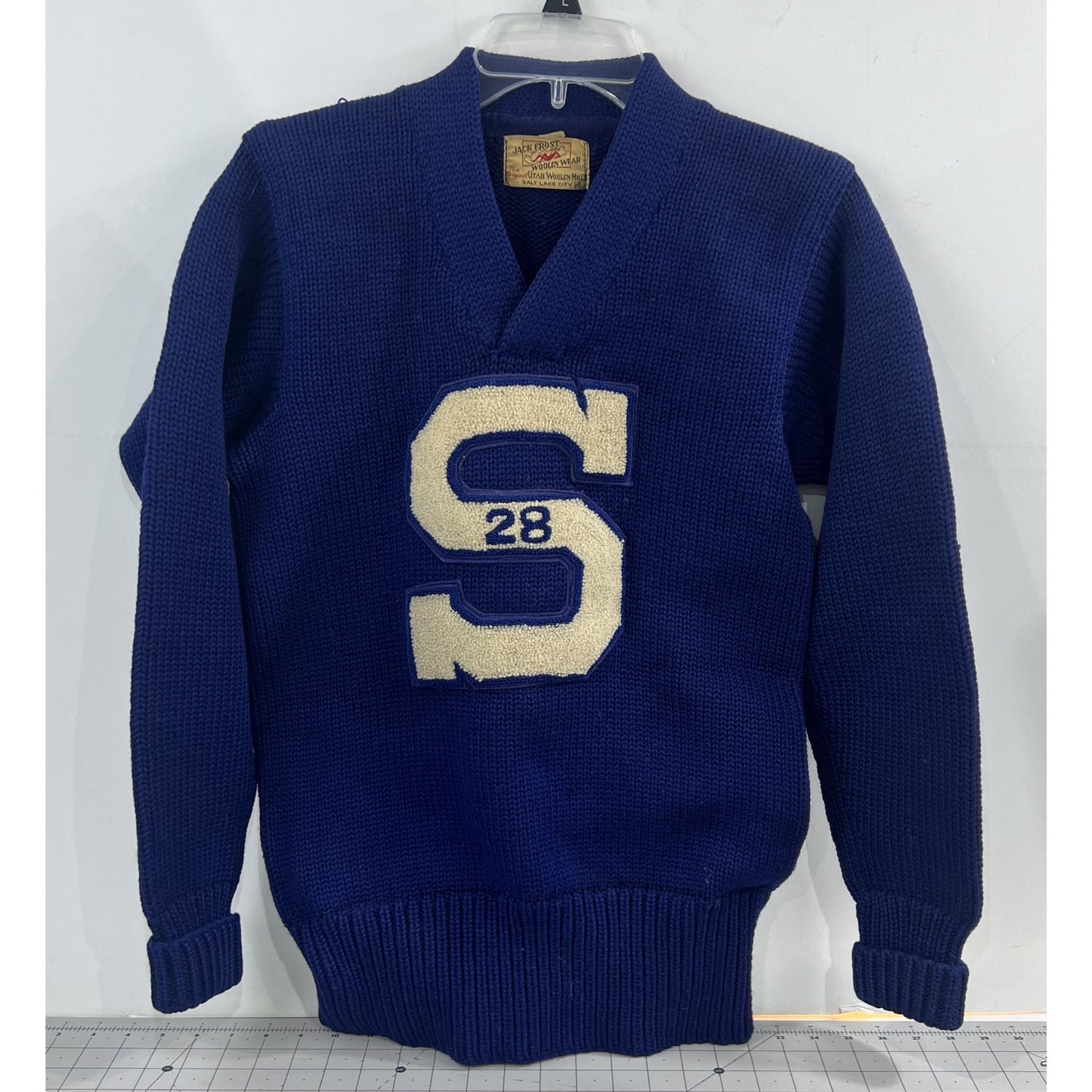 Vintage Jack Frost Woolen Wear Blue Varsity Sweater "S" 1928 South High SLC Utah