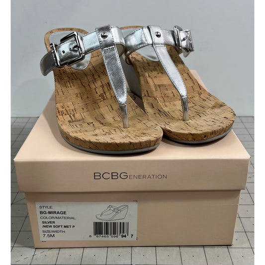 BCBG Generation BG-Mirage Silver T-Strap Wedge Sandals 7.5M Cork Sole Women's
