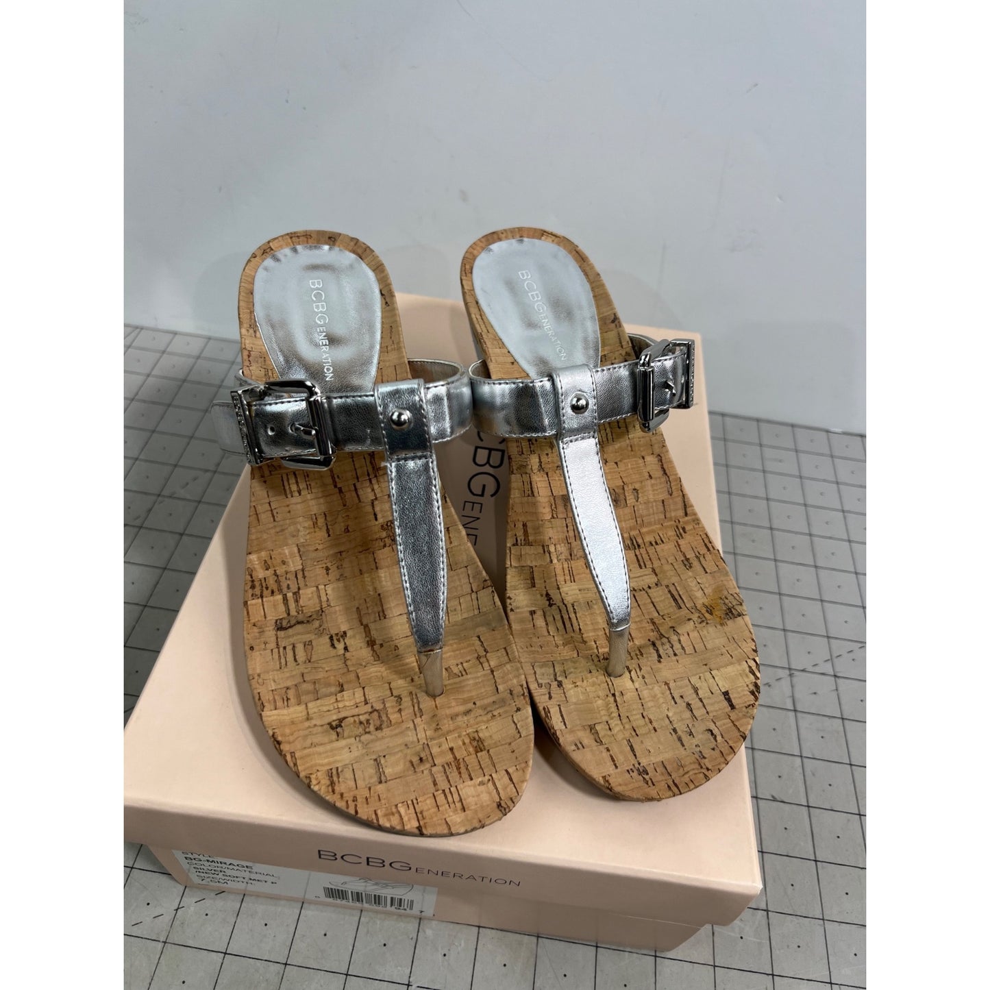 BCBG Generation BG-Mirage Silver T-Strap Wedge Sandals 7.5M Cork Sole Women's