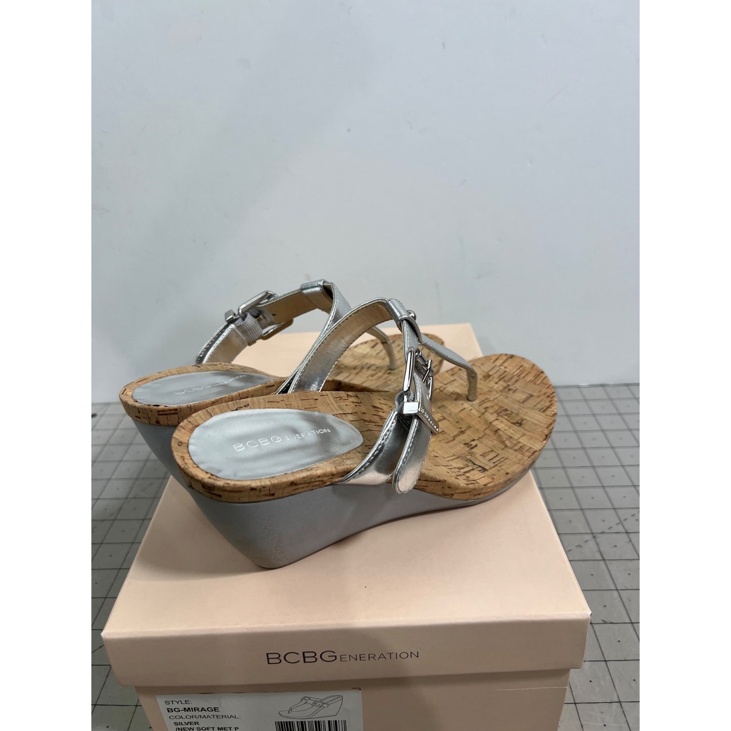 BCBG Generation BG-Mirage Silver T-Strap Wedge Sandals 7.5M Cork Sole Women's