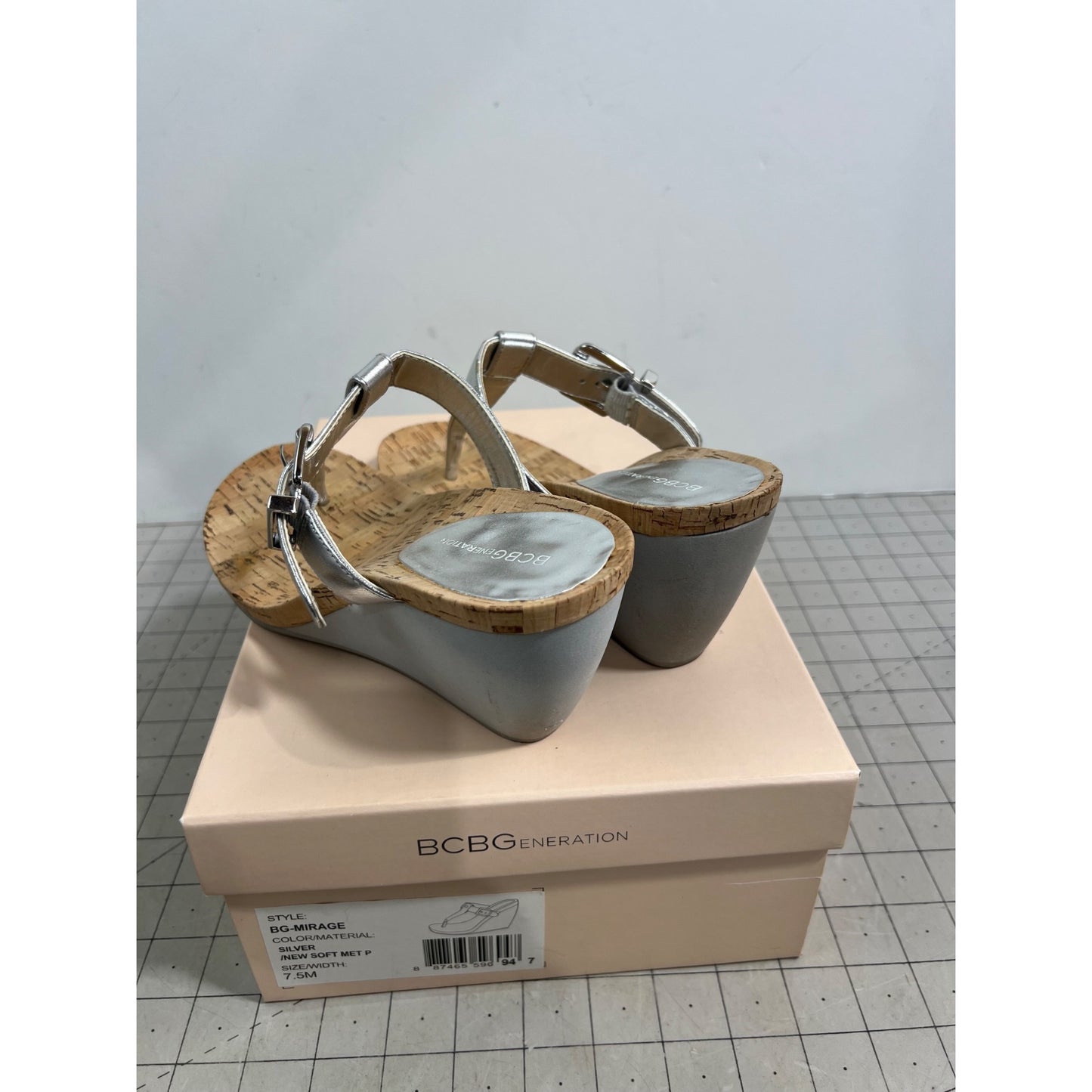 BCBG Generation BG-Mirage Silver T-Strap Wedge Sandals 7.5M Cork Sole Women's