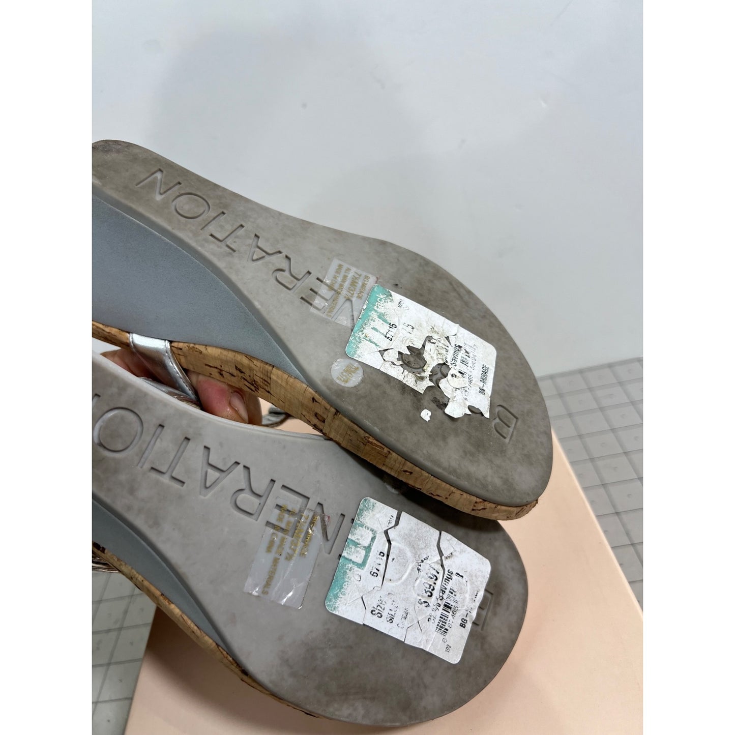 BCBG Generation BG-Mirage Silver T-Strap Wedge Sandals 7.5M Cork Sole Women's