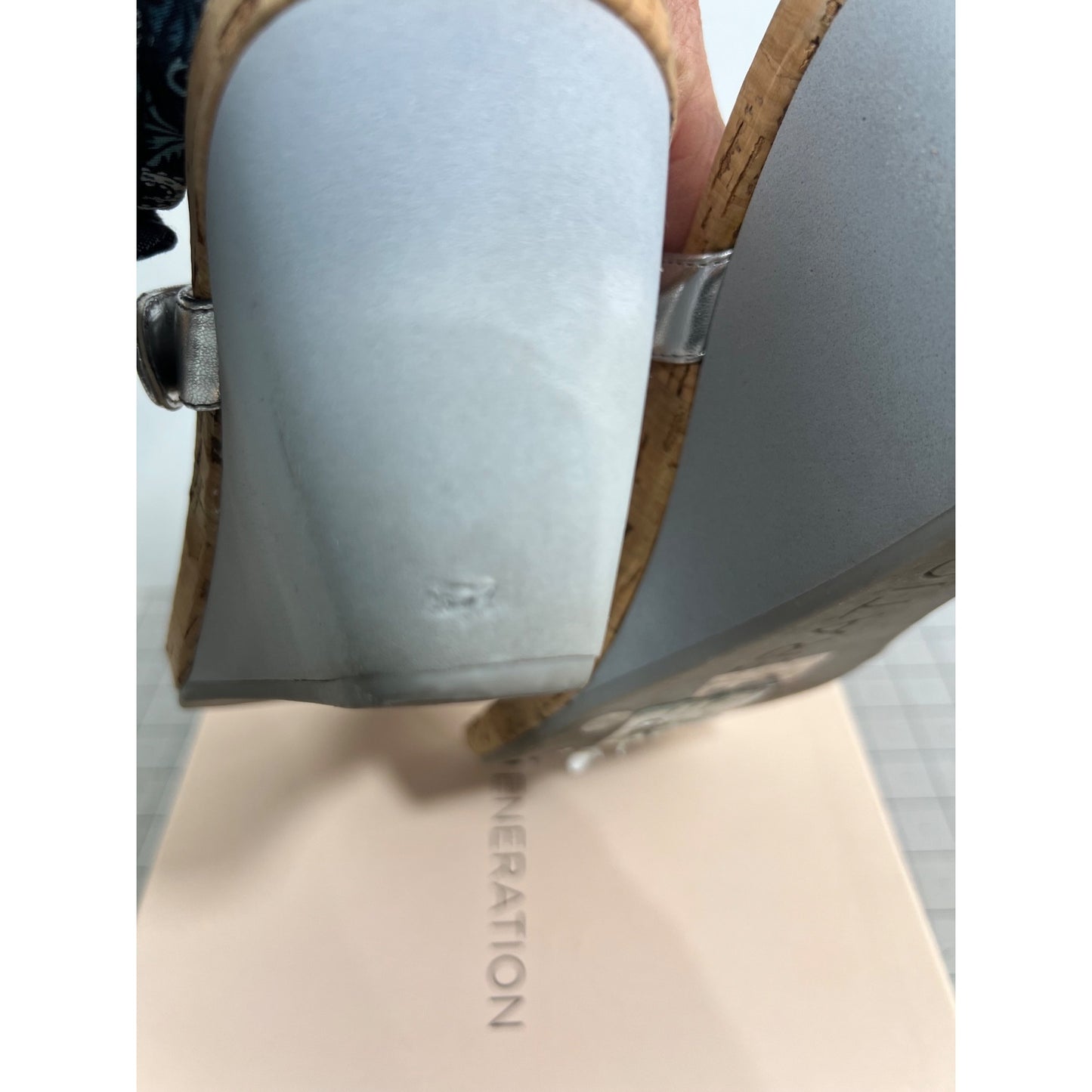 BCBG Generation BG-Mirage Silver T-Strap Wedge Sandals 7.5M Cork Sole Women's