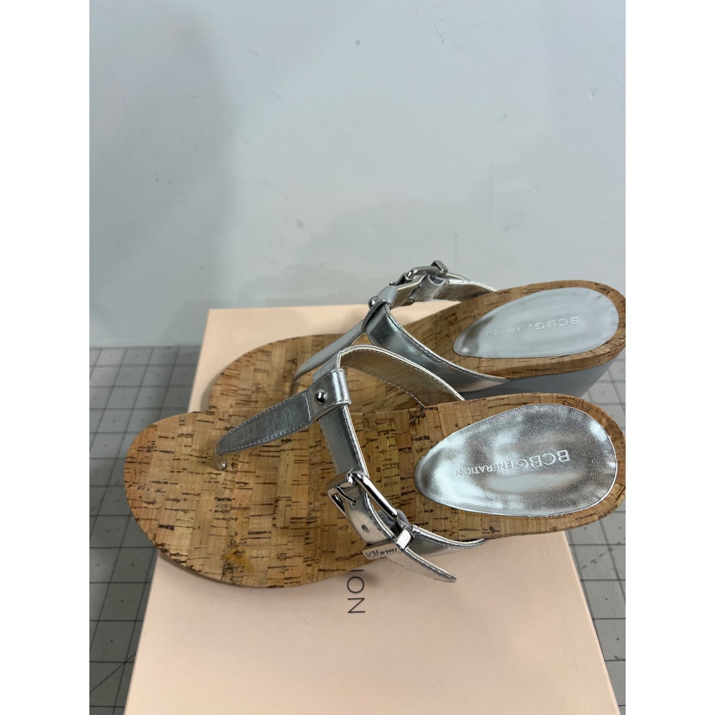 BCBG Generation BG-Mirage Silver T-Strap Wedge Sandals 7.5M Cork Sole Women's