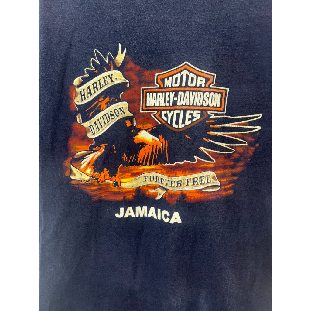 Harley-Davidson Jamaica "Forever Free" Navy Graphic T-Shirt Men's L Y2K Gildan