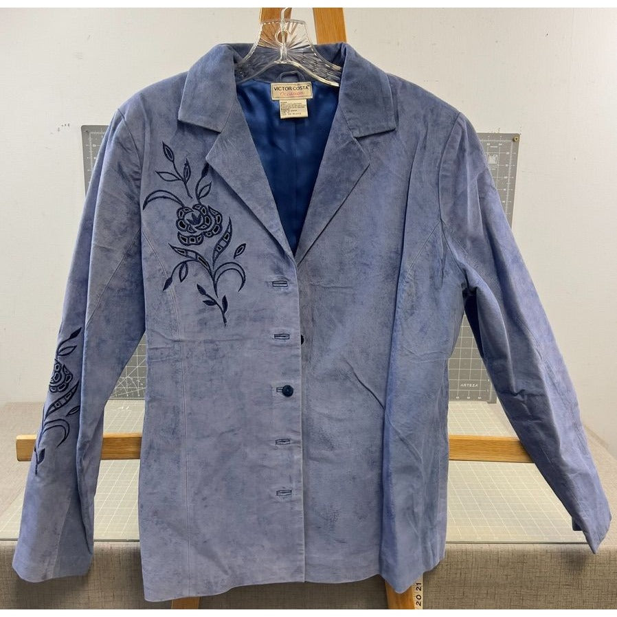 Victor COSTA "Occasion" Women's Leather Jacket Sz. M Embroidered Cut Out BLUE