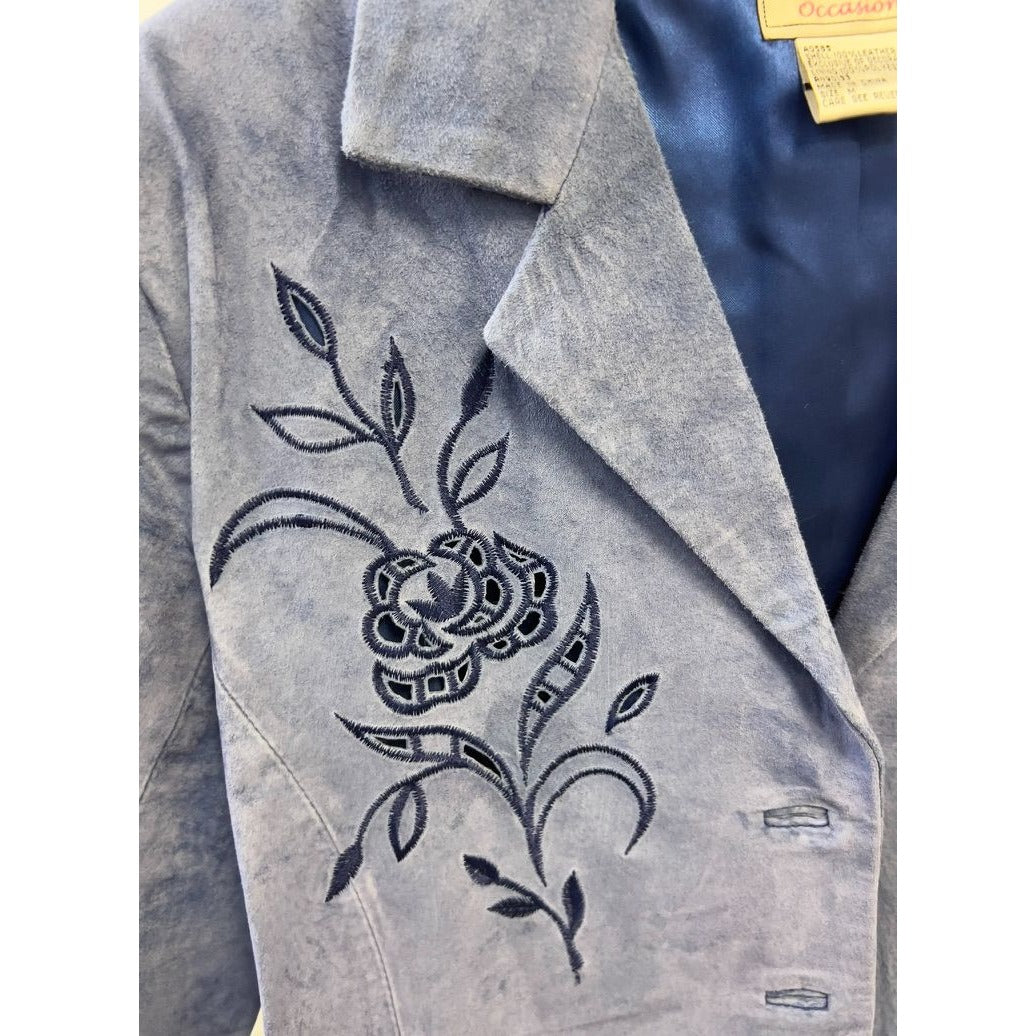 Victor COSTA "Occasion" Women's Leather Jacket Sz. M Embroidered Cut Out BLUE