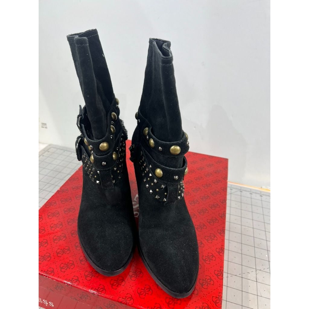 Women's Guess Black Suede Studded Mid-Calf Boots Buckle Accents Sz. 7.5M