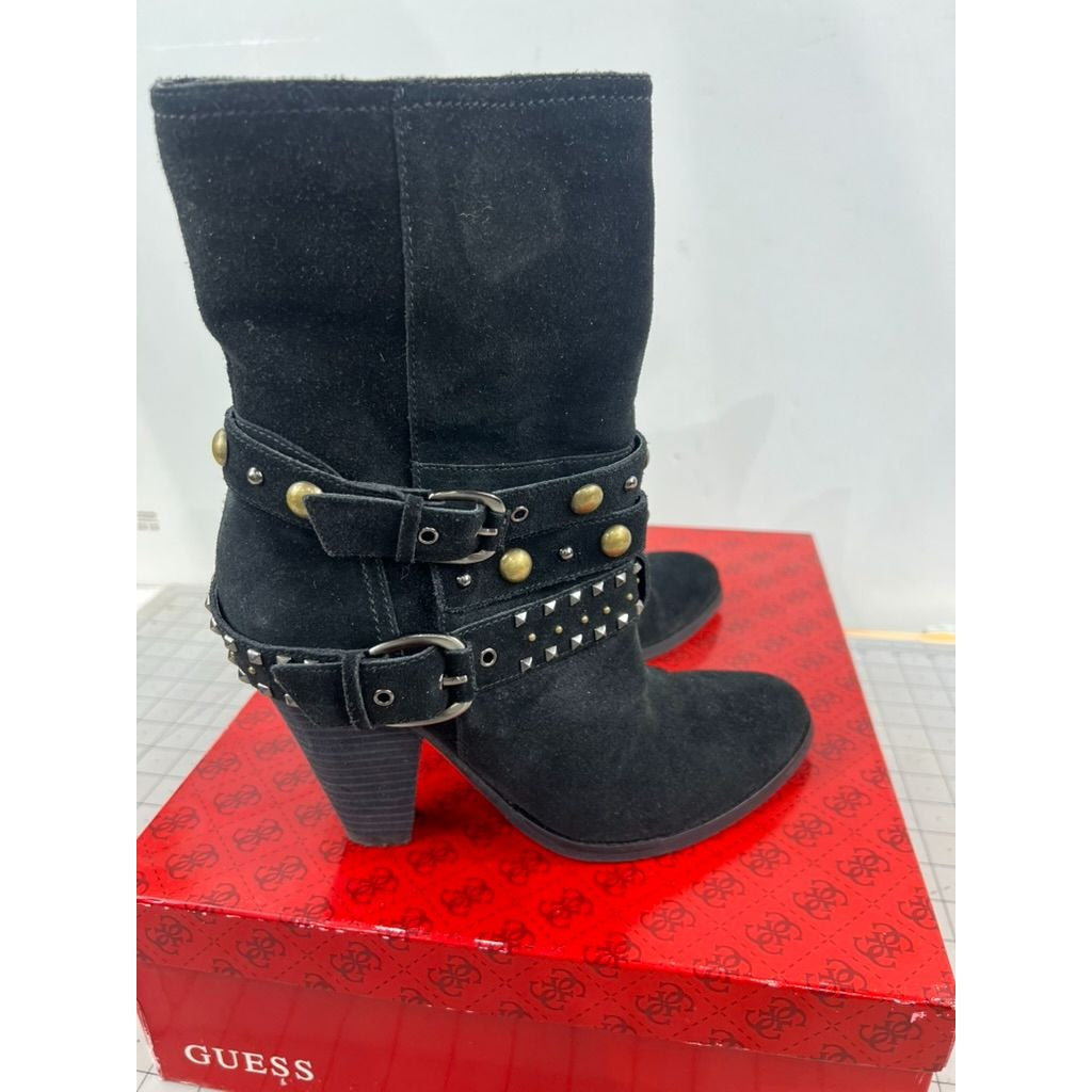Women's Guess Black Suede Studded Mid-Calf Boots Buckle Accents Sz. 7.5M