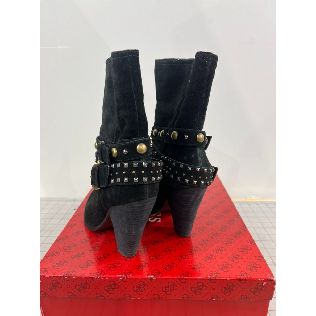 Women's Guess Black Suede Studded Mid-Calf Boots Buckle Accents Sz. 7.5M