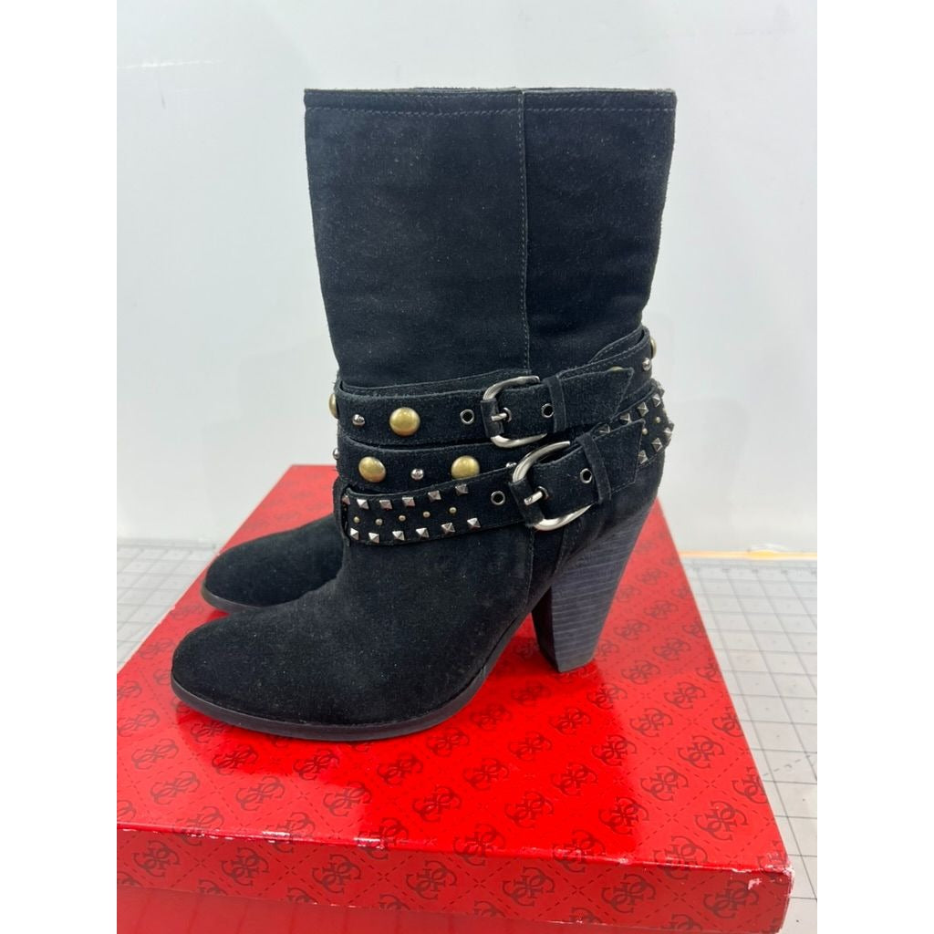 Women's Guess Black Suede Studded Mid-Calf Boots Buckle Accents Sz. 7.5M