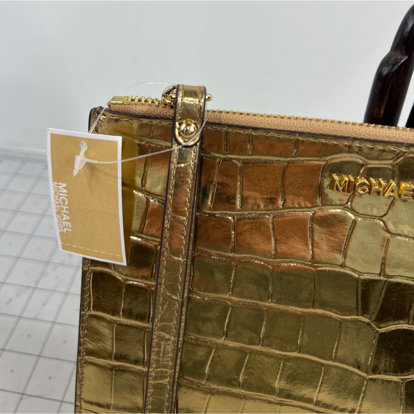 Michael Kors Gold Jet Set Travel XL Leather Clutch New NWT Wristlet w/Strap