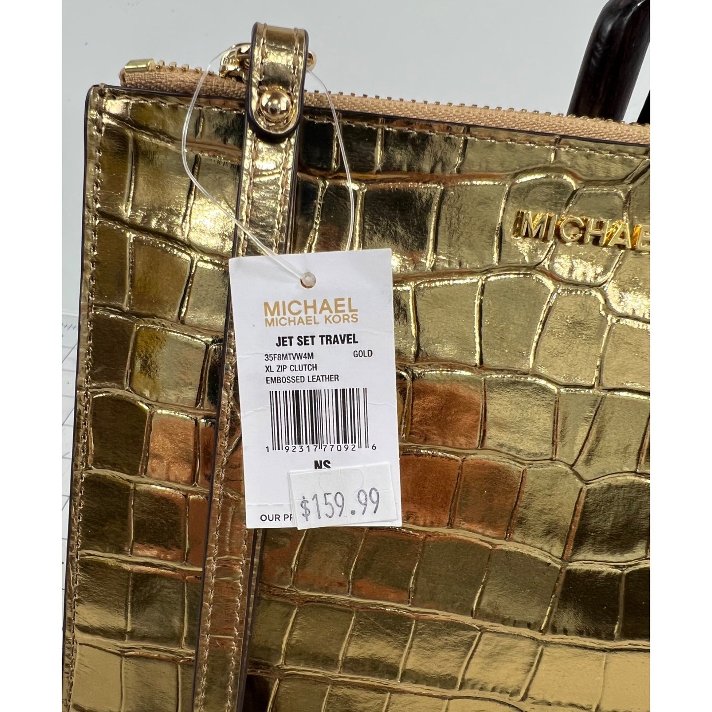 Michael Kors Gold Jet Set Travel XL Leather Clutch New NWT Wristlet w/Strap