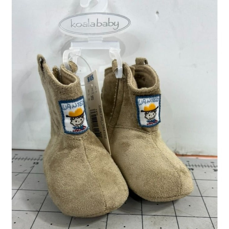 Koala Baby Tan Suede Infant Booties w/ Wanted Patch Sz. 3, 9 Months New