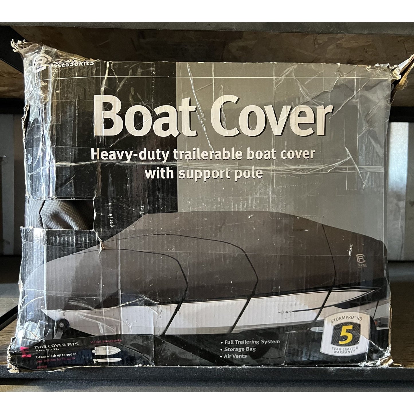 StormPro Heavy-Duty Trailerable Boat Cover Fits 20-22 Ft V-Hull Beam Width 106”