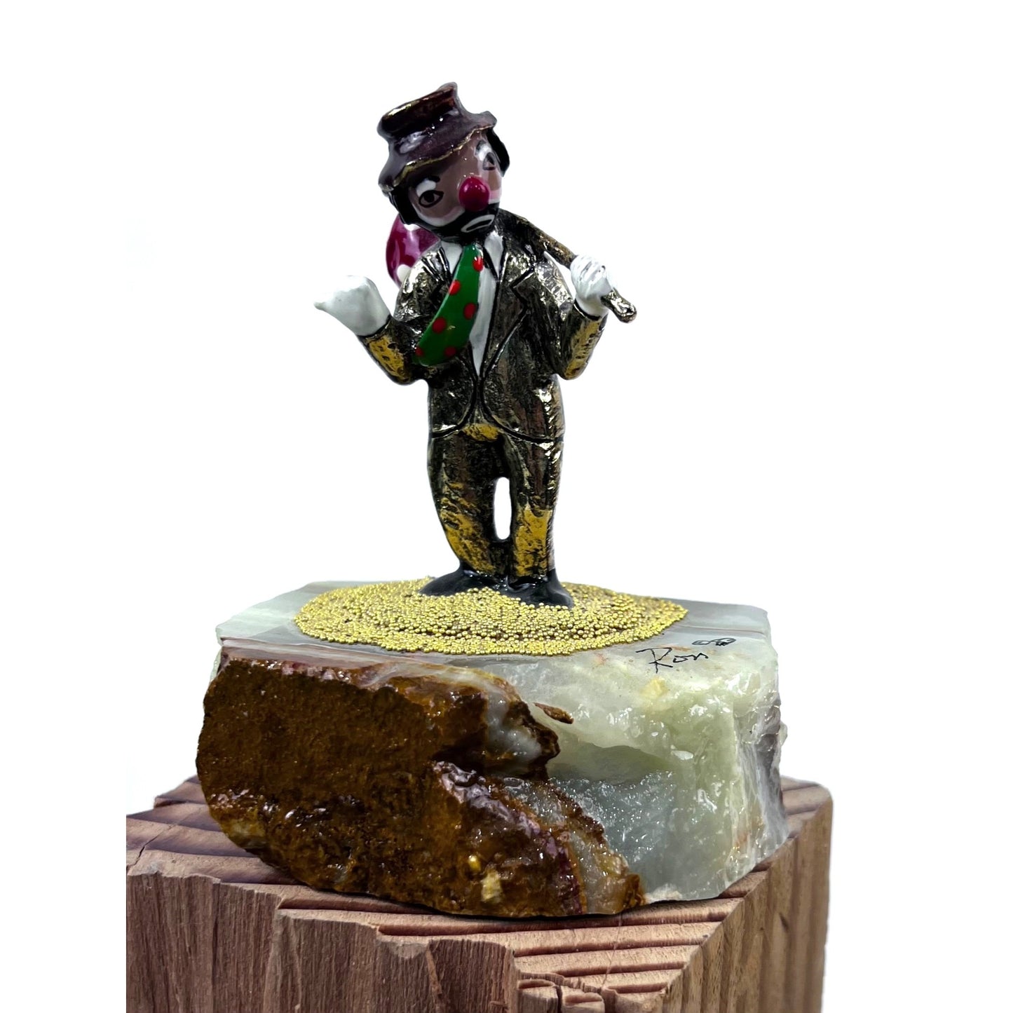 Handcrafted Metal Hobo Clown Figurine Stone Base 24K Gold Detailing '83 Ron Lee