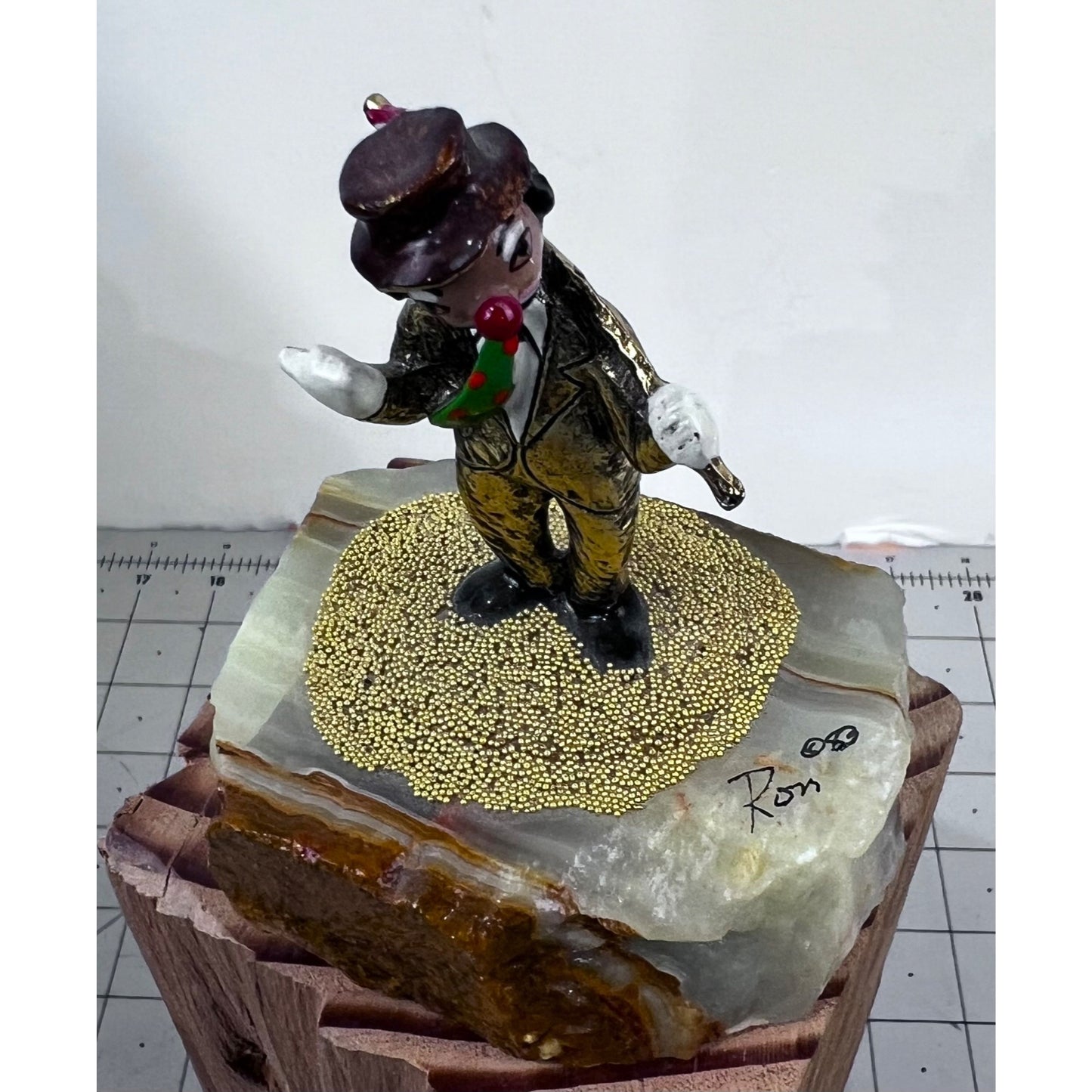 Handcrafted Metal Hobo Clown Figurine Stone Base 24K Gold Detailing '83 Ron Lee