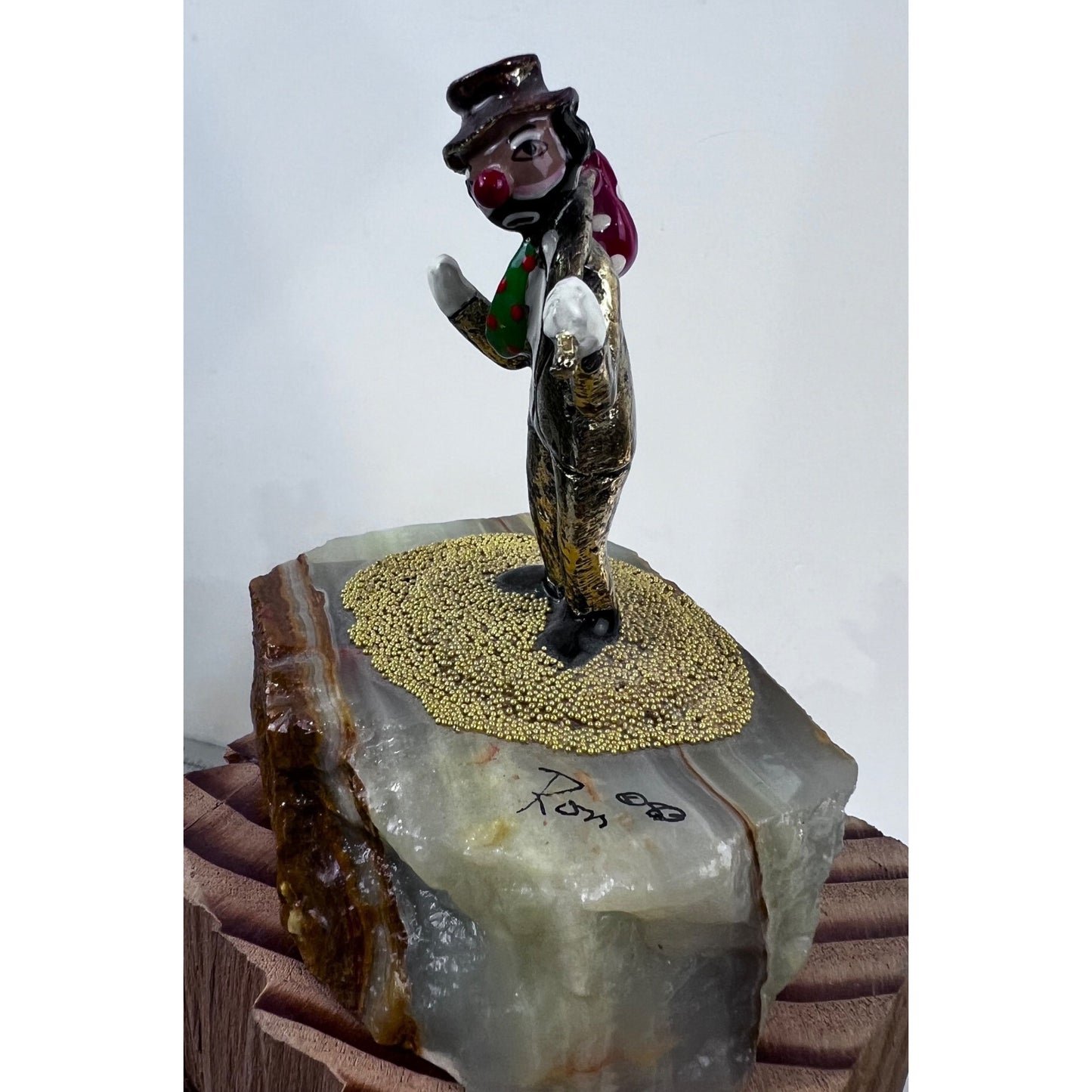 Handcrafted Metal Hobo Clown Figurine Stone Base 24K Gold Detailing '83 Ron Lee