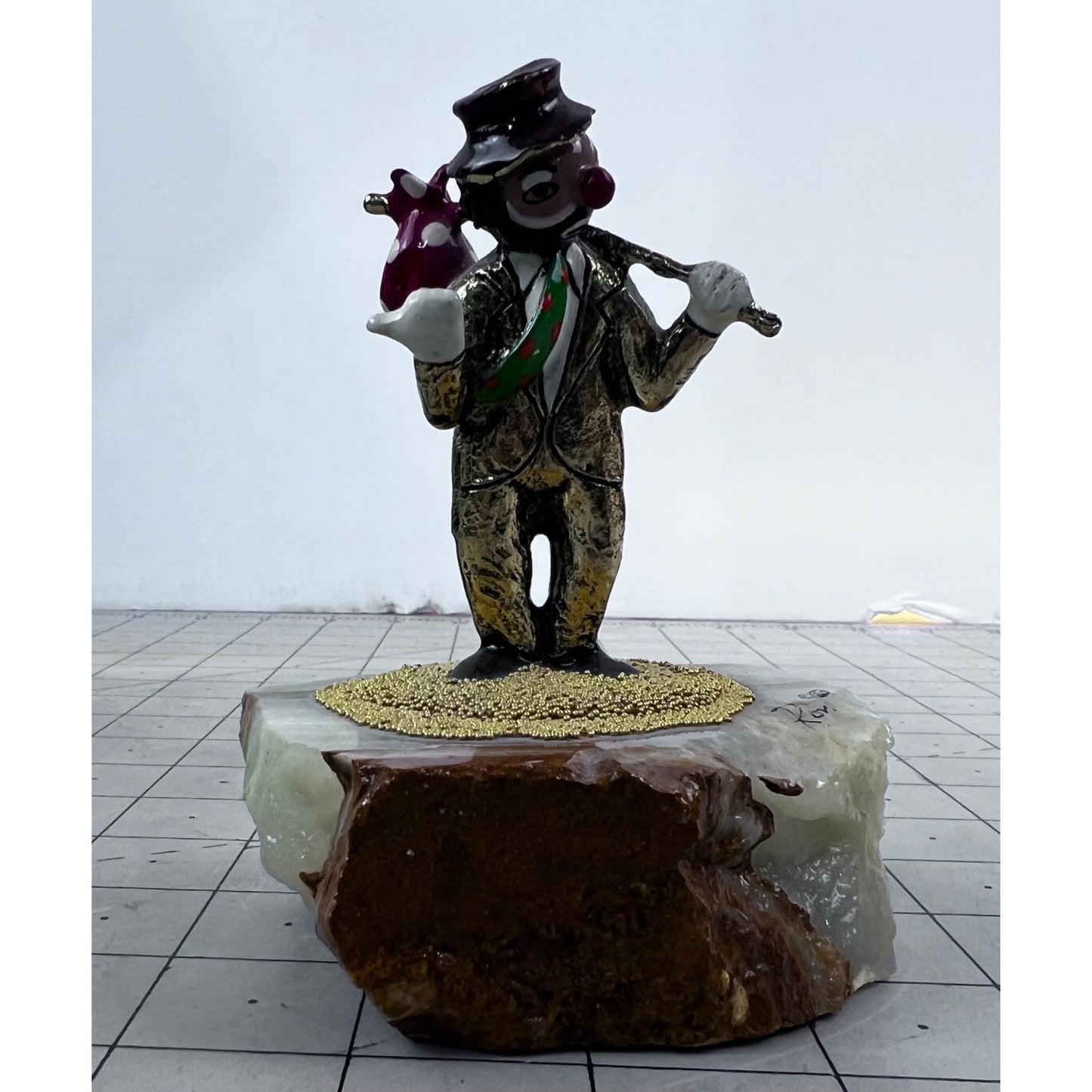 Handcrafted Metal Hobo Clown Figurine Stone Base 24K Gold Detailing '83 Ron Lee