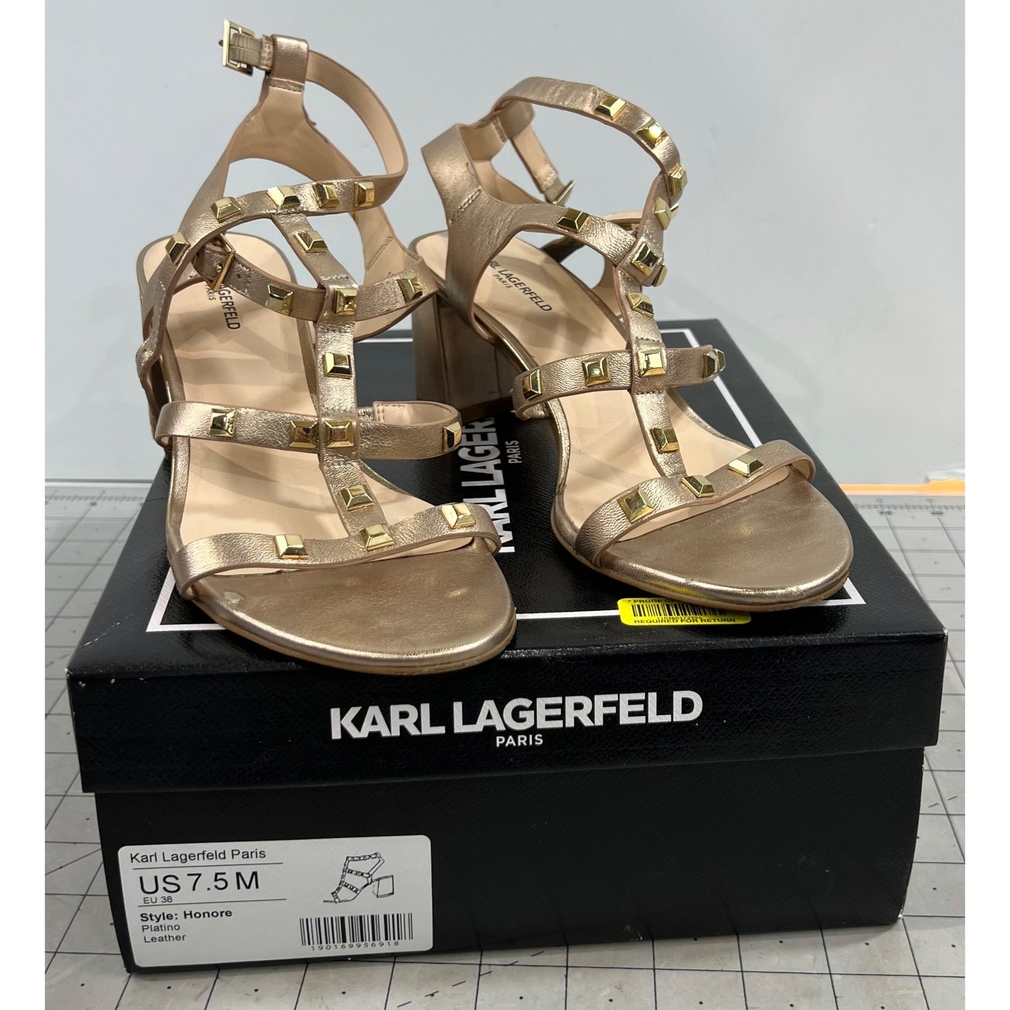 Karl Lagerfeld Paris Honore Women’s Gold Leather Block Heel Sandals US 7.5 EU 38