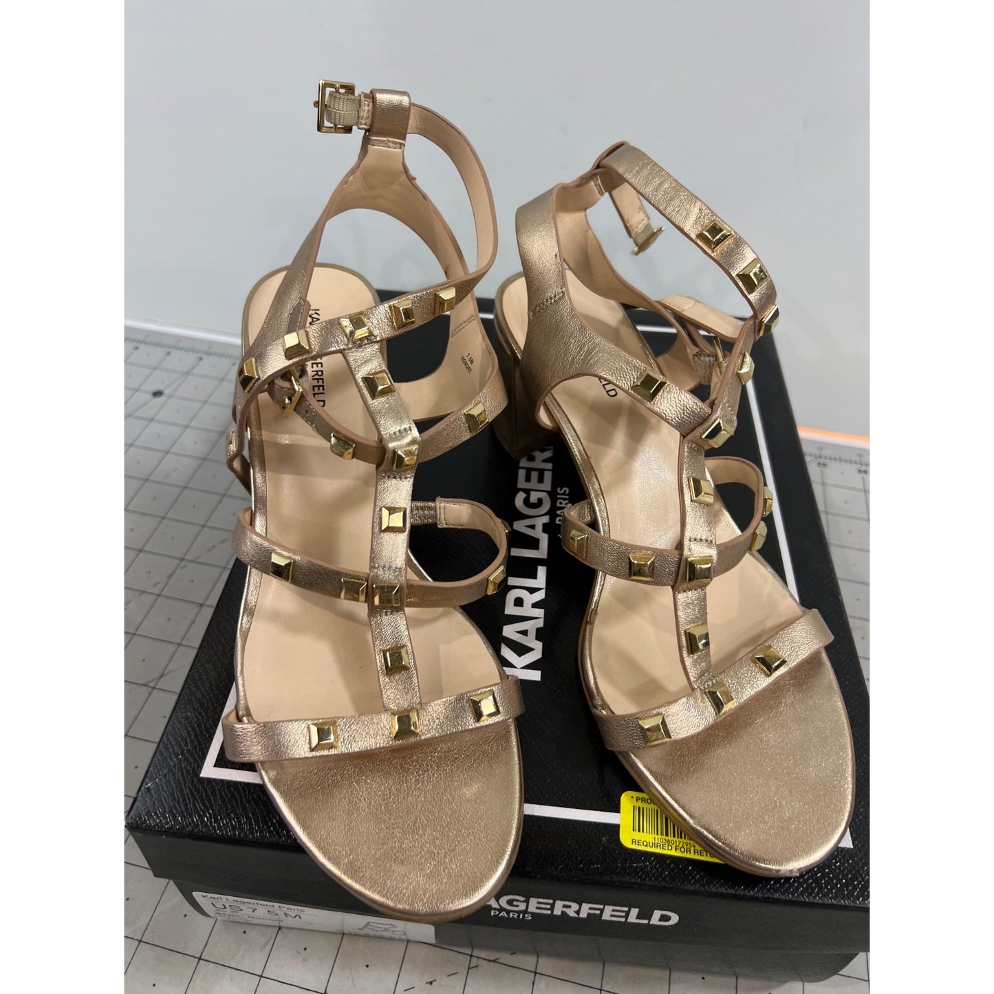 Karl Lagerfeld Paris Honore Women’s Gold Leather Block Heel Sandals US 7.5 EU 38