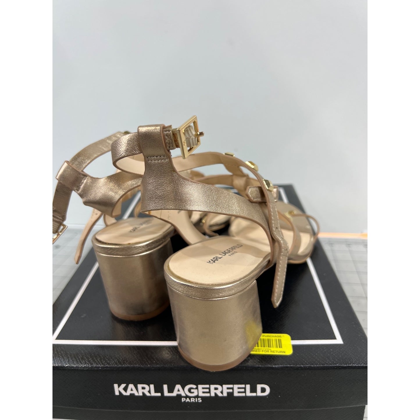 Karl Lagerfeld Paris Honore Women’s Gold Leather Block Heel Sandals US 7.5 EU 38