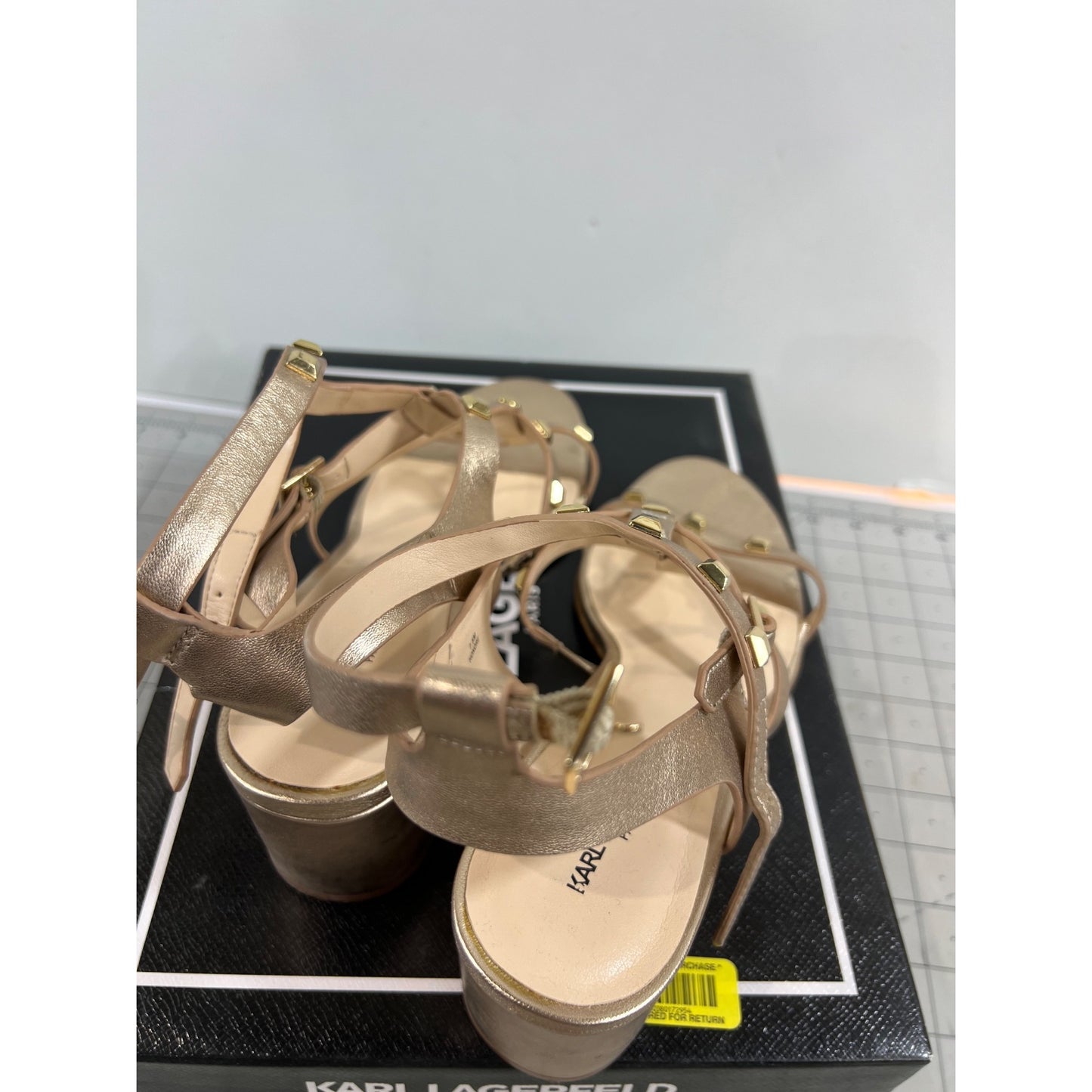 Karl Lagerfeld Paris Honore Women’s Gold Leather Block Heel Sandals US 7.5 EU 38