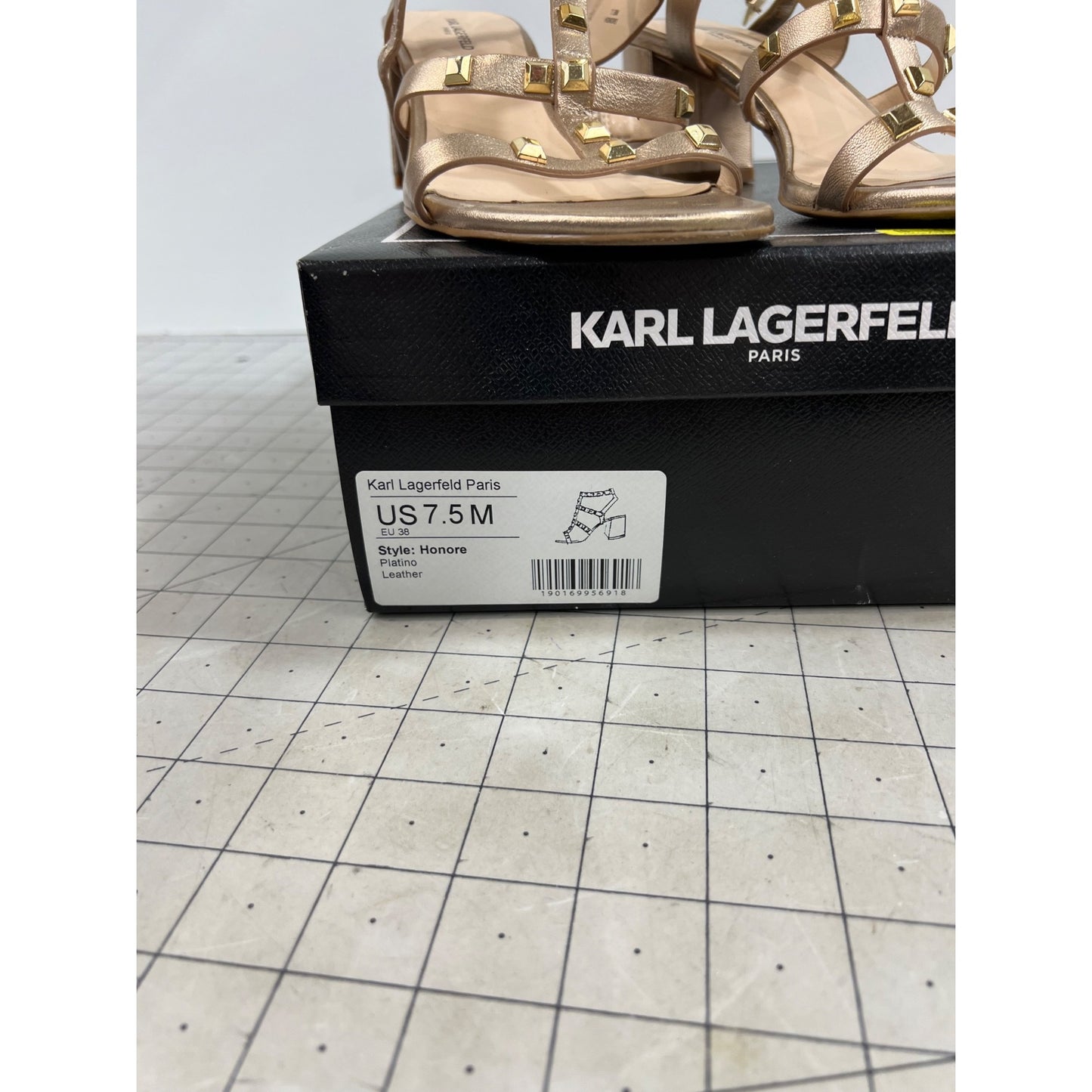 Karl Lagerfeld Paris Honore Women’s Gold Leather Block Heel Sandals US 7.5 EU 38