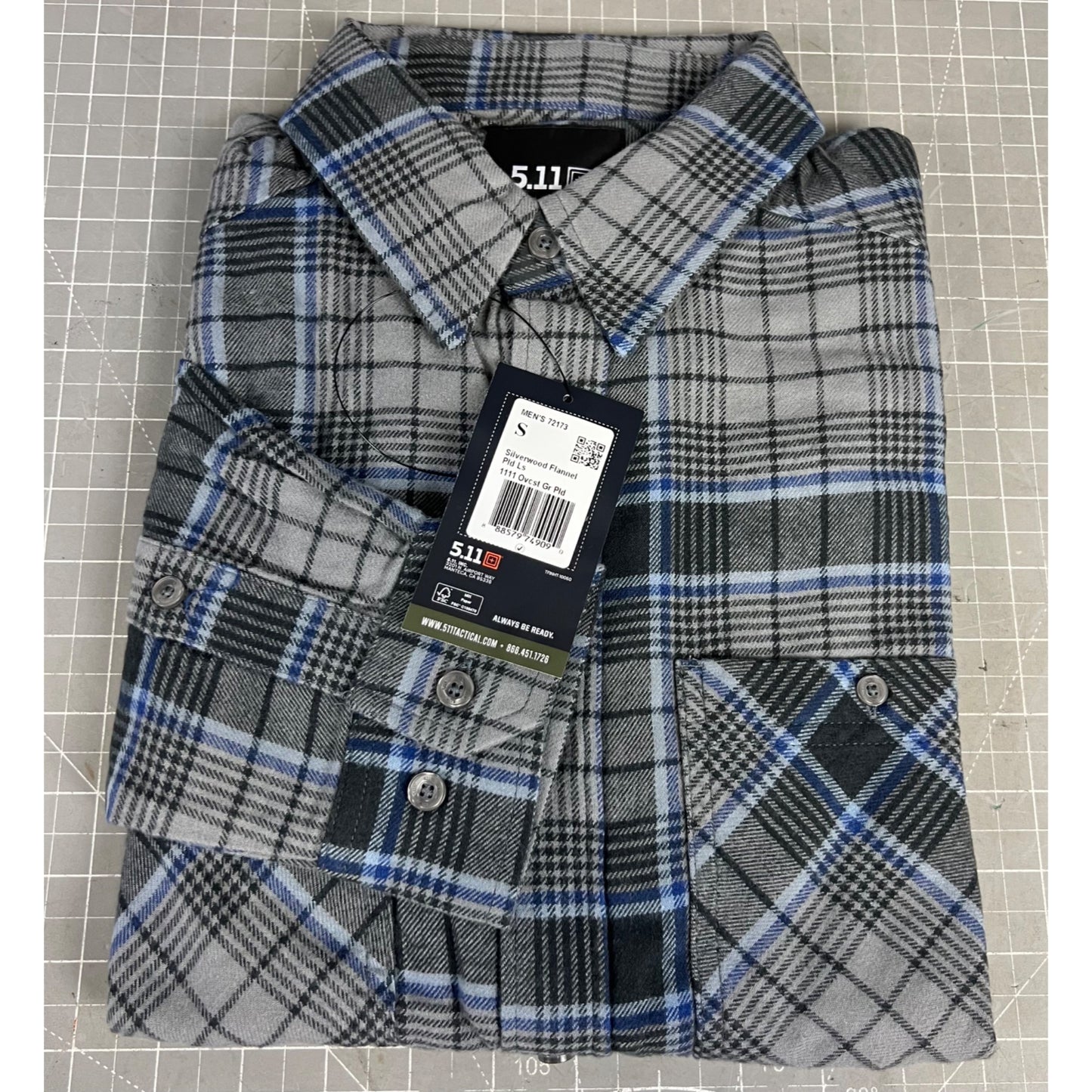 Mens 5.11 Silverwood Flannel Long Sleeve Shirt S Gray/Blue Plaid Midweight new