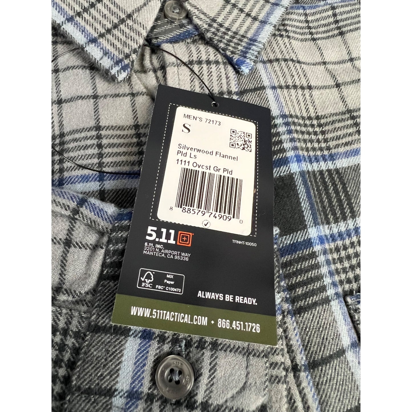 Mens 5.11 Silverwood Flannel Long Sleeve Shirt S Gray/Blue Plaid Midweight new